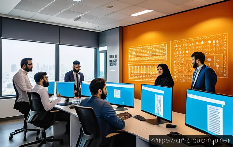 클라우드에서 컨테이너 활용 방법  Kubernetes - A modern office environment with a diverse team of Arab IT professionals collaborating on Kubernetes...