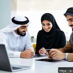 클라우드 컴퓨팅 실무에서 팀워크 강화 팁 - A modern Middle Eastern office setting with a diverse team of professionals collaborating on cloud c...