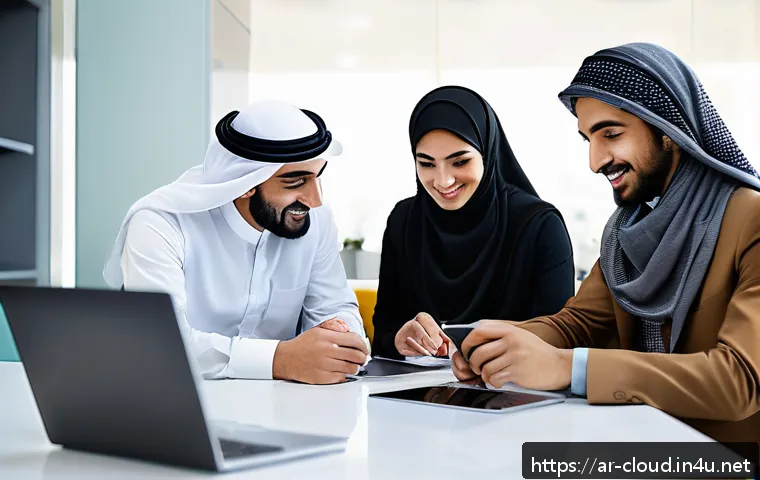 클라우드 컴퓨팅 실무에서 팀워크 강화 팁 - A modern Middle Eastern office setting with a diverse team of professionals collaborating on cloud c...