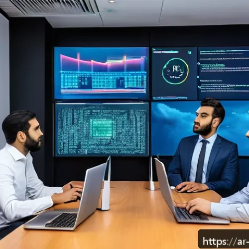 클라우드 마이그레이션 리스크 관리 - A modern Middle Eastern office environment where a diverse team of professionals is engaged in a cyb...