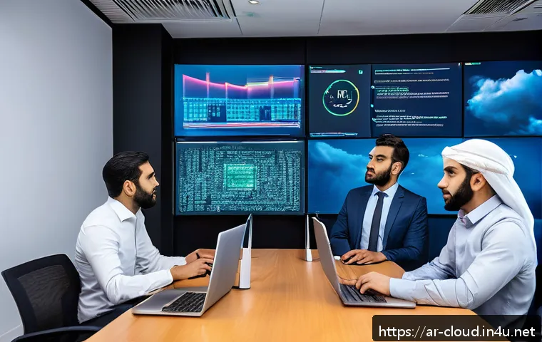 클라우드 마이그레이션 리스크 관리 - A modern Middle Eastern office environment where a diverse team of professionals is engaged in a cyb...