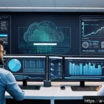 클라우드 서비스 제공업체 선택 기준 - A modern digital workspace featuring an Arabic-speaking IT professional analyzing cloud service data...